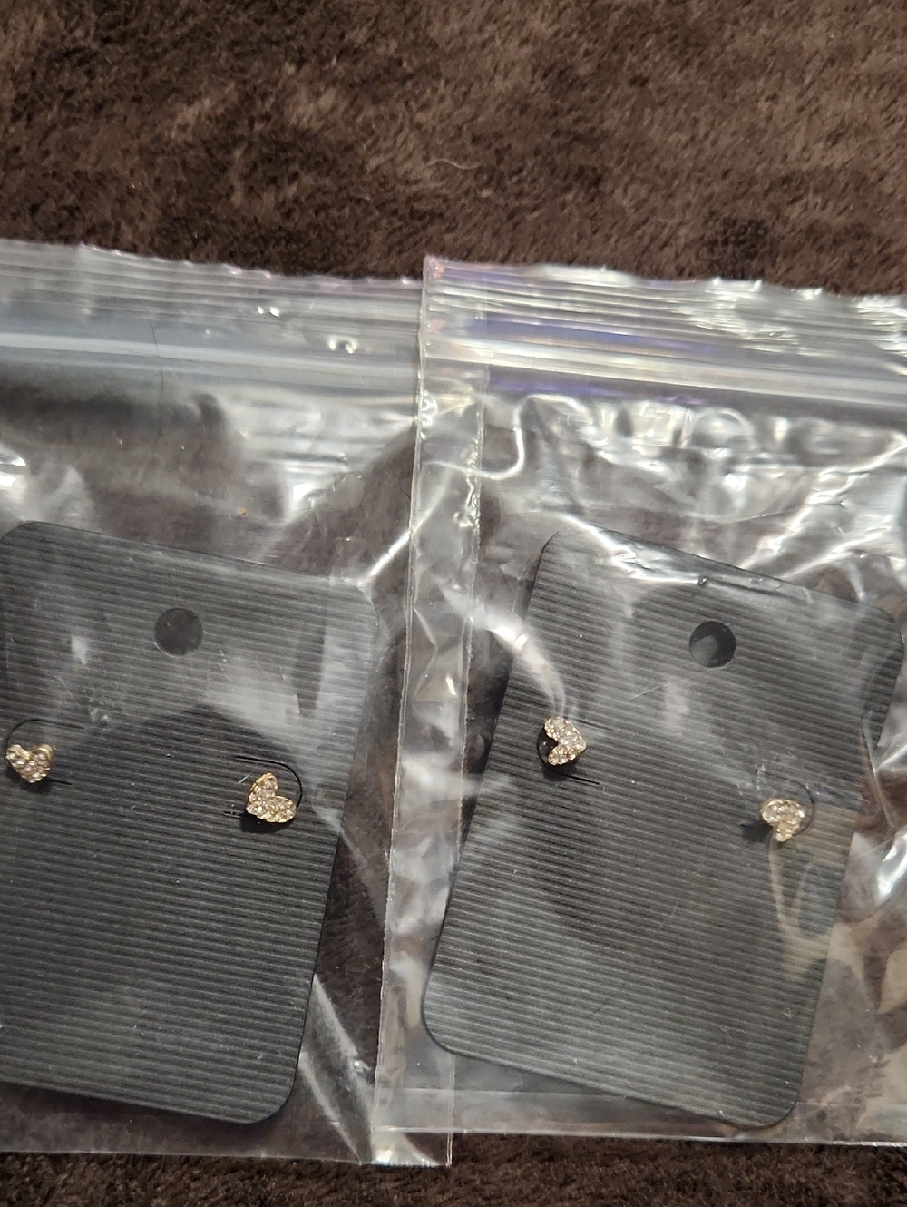 2 Pairs Of Small Heart Earrings - Clear Crystal Accent - Gold Tone